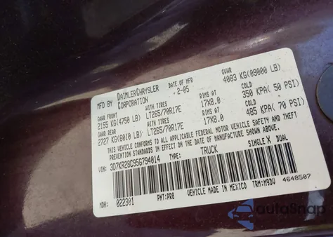 2005 Dodge Ram 2500 Slt/Laramie из США, поврежденный, VIN 3D7KR28C95G794014